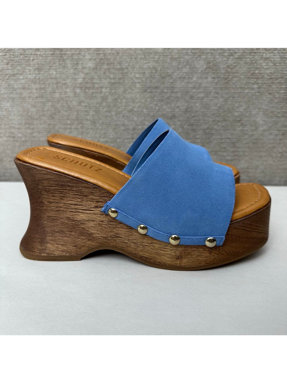 Schutz Lanneh Blue Suede Wooden Wedge Platform Clog Sandal Slides 5.5 NIB $148